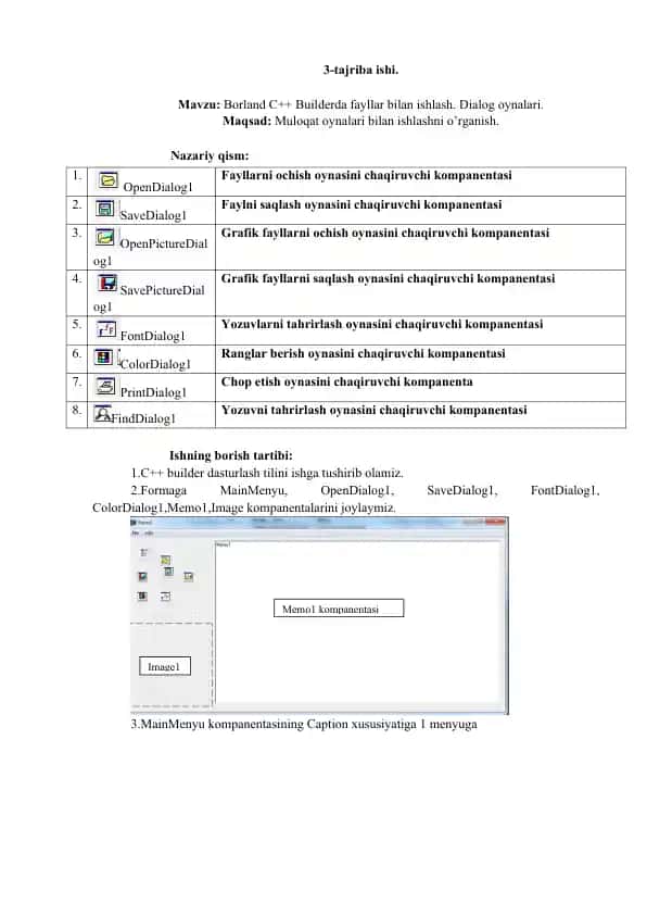 Borland C++ Builderda fayllar bilan ishlash. Dialog oynalari.