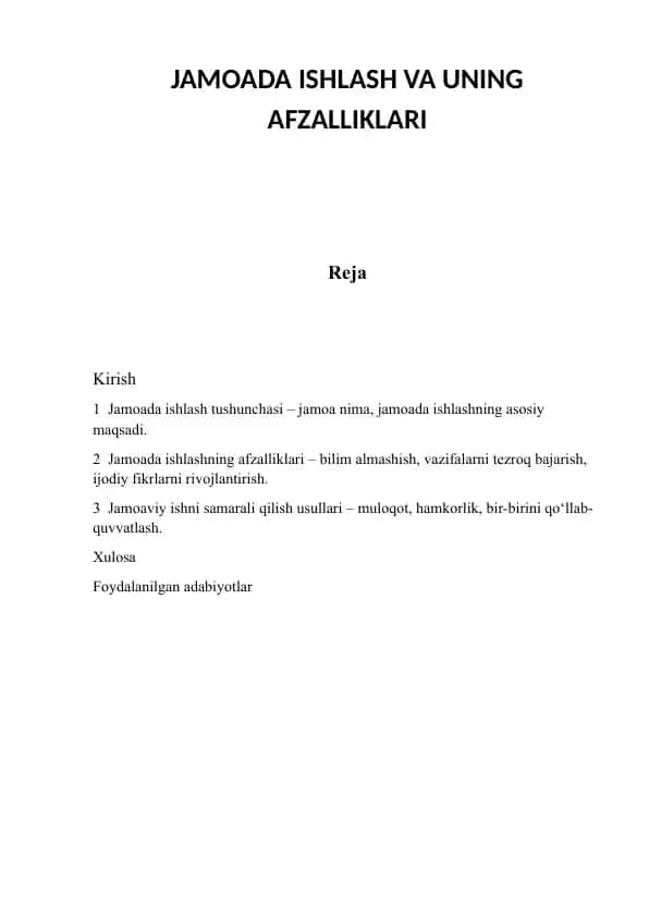 Jamoada ishlash va uning afzalliklari