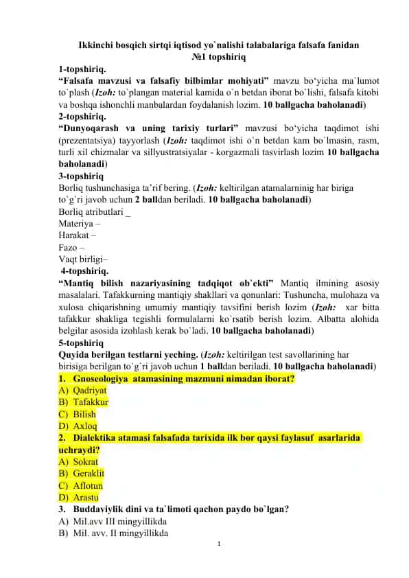 Falsafa mavzusi va falsafiy bilbimlar mohiyati
