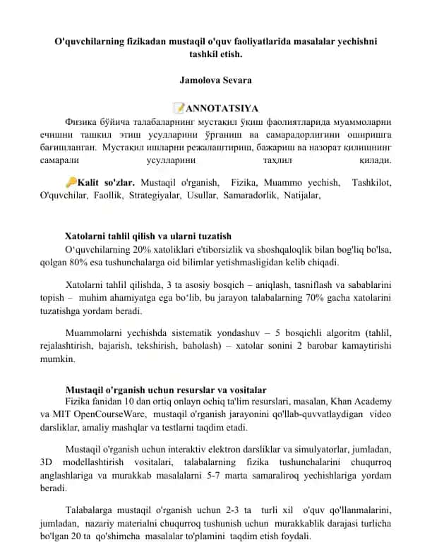 Mustaqil o'quv faoliyatlarida fizika