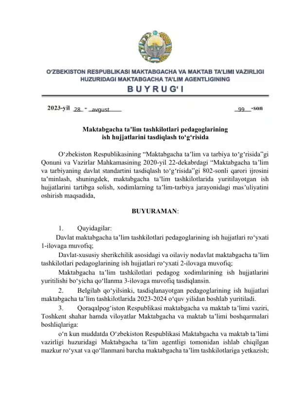Maktabgacha taʼlim tashkilotlari pedagoglarining ish hujjatlari yuritish bo‘yicha qo‘llanma va hujjatlar ro‘yxati
