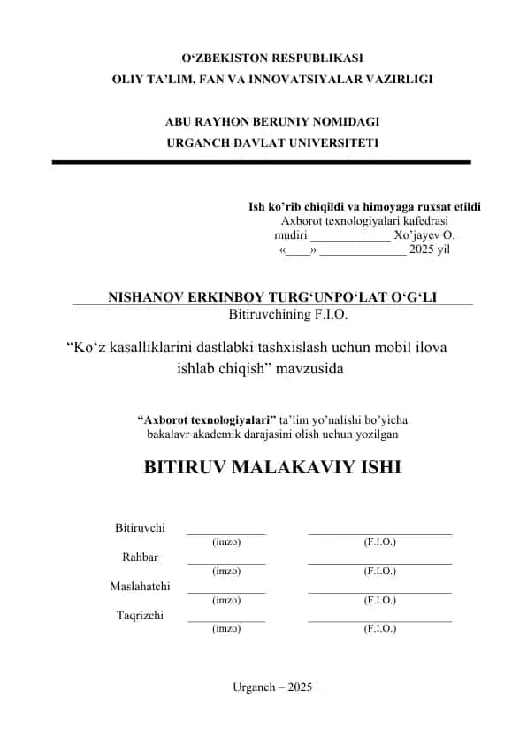 Ko‘z kasalliklarini dastlabki tashxislash uchun mobil ilova