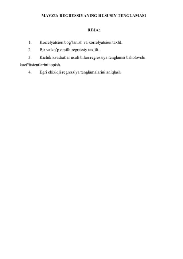 Regressioning hususiy tenglamaning tajribaviy statistika usuli