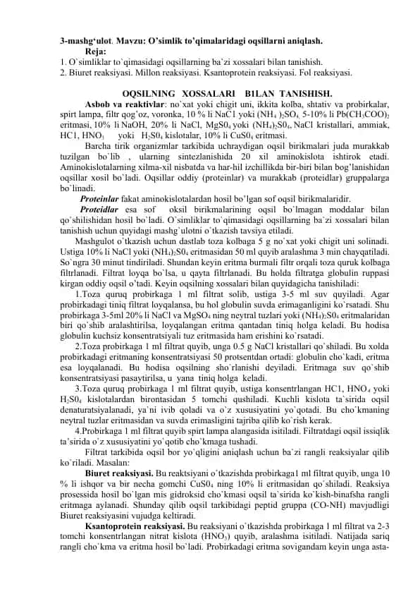 O’simlik to’qimalaridagi oqsillarni aniqlash