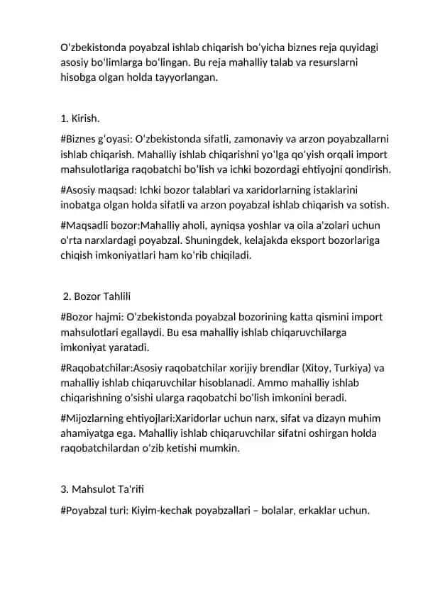 O‘zbekistonda poyabzal ishlab chiqarish bo‘yicha biznes reja