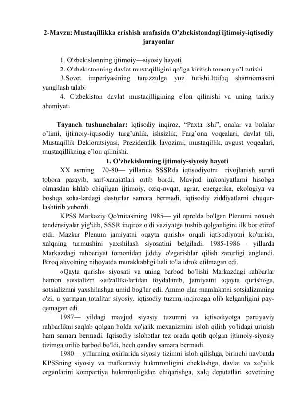 O'zbekistondagi ijtimoiy-iqtisodiy jarayonlar
