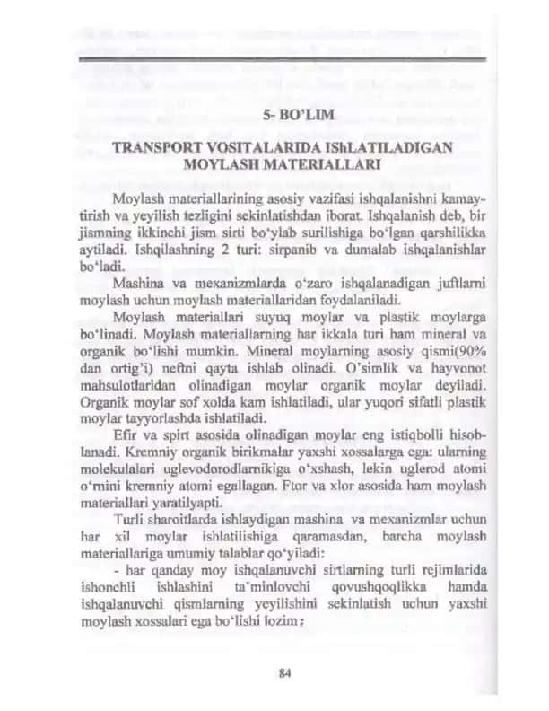 Transport Vositalarida Moylash Materiallari