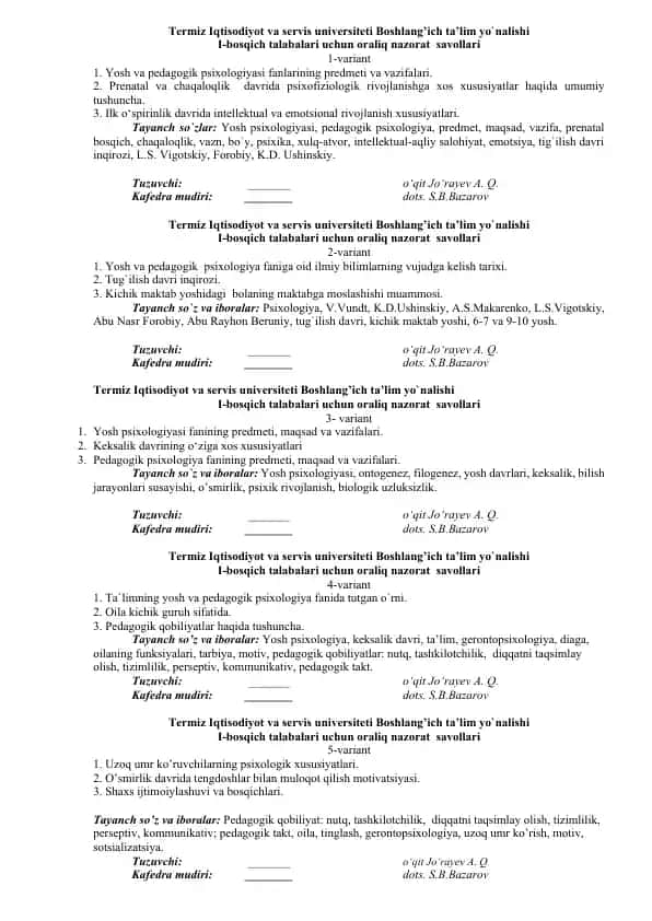 Boshlang’ich ta’lim yo`nalishi I-bosqich talabalari uchun oraliq nazorat savollari