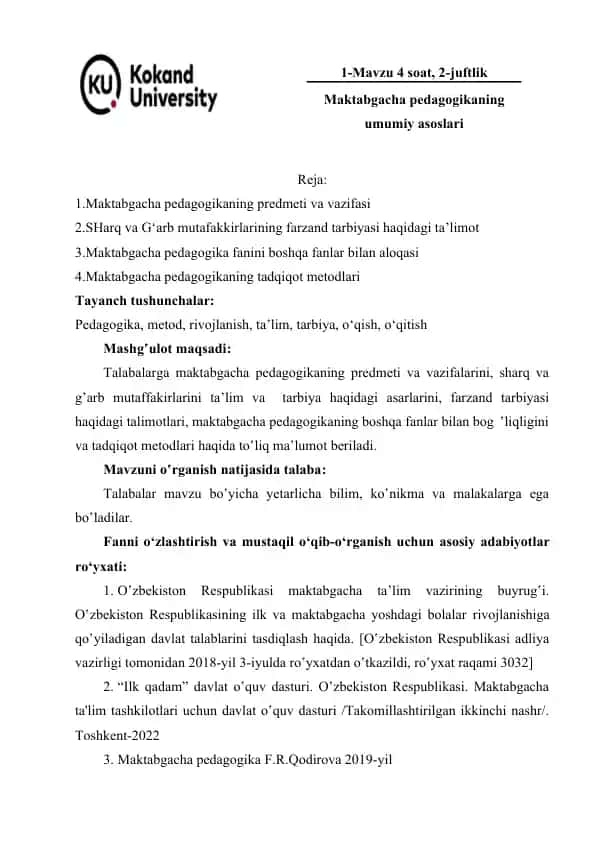 Maktabgacha pedagogikaning predmeti va vazifasi
