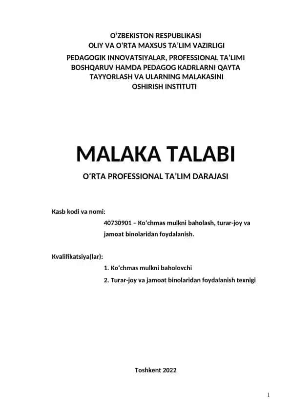 Ko‘chmas mulkni baholash, turar-joy va jamoat binolaridan foydalanish