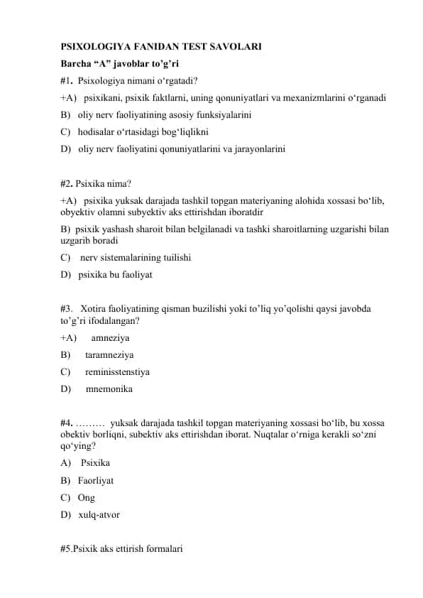 Psixologiya fanidan test savolari