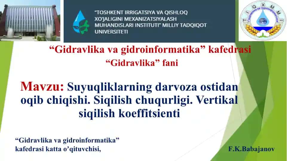 Suyuqliklarning darvoza ostidan oqib chiqishi: Siqilish chuqurligi va vertikal siqilish koeffitsienti