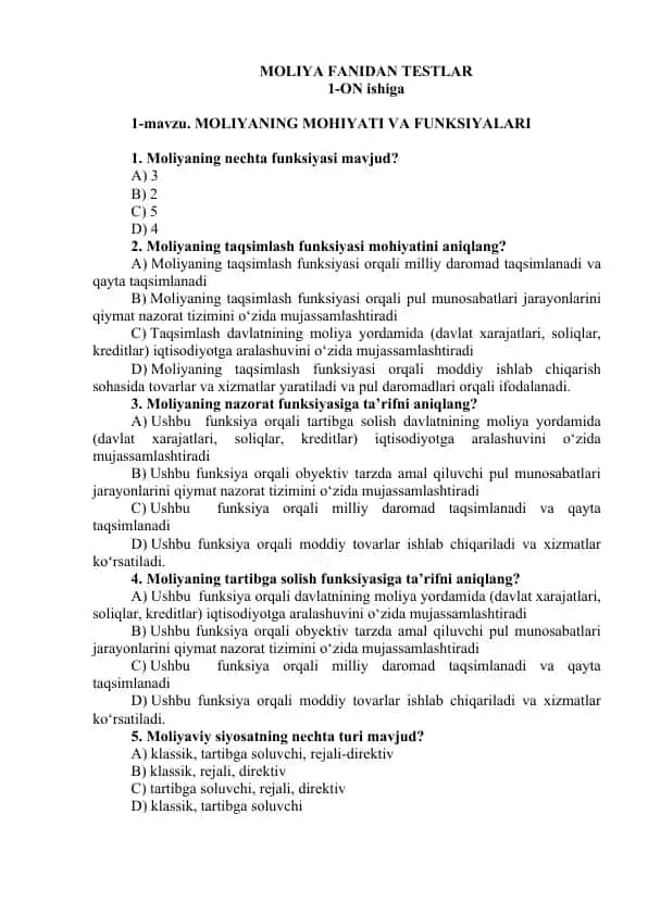 Moliya fanidan testlar