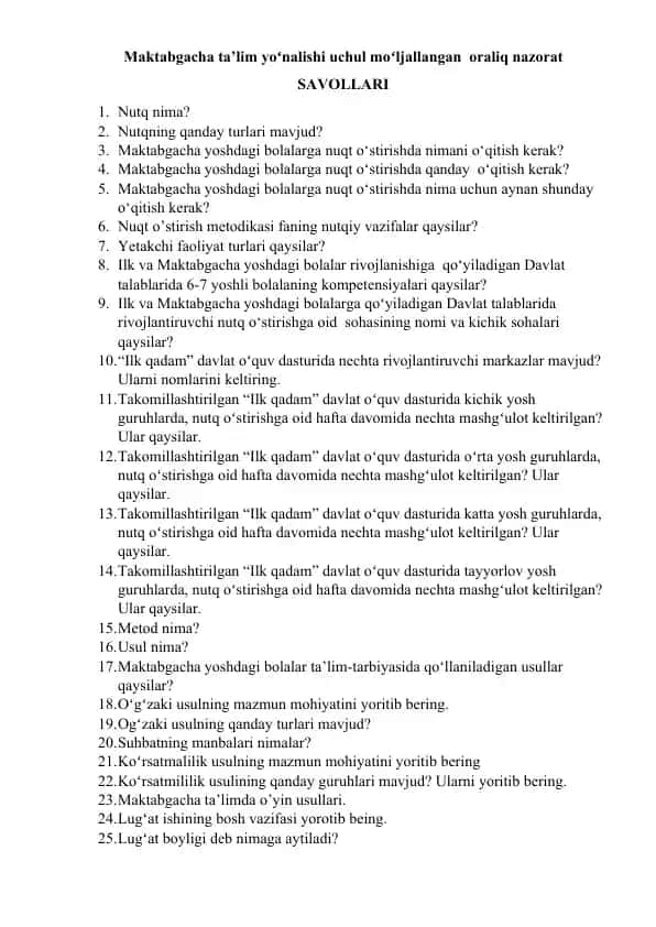 Maktabgacha ta'limda nutqning o'qitish metodikasi