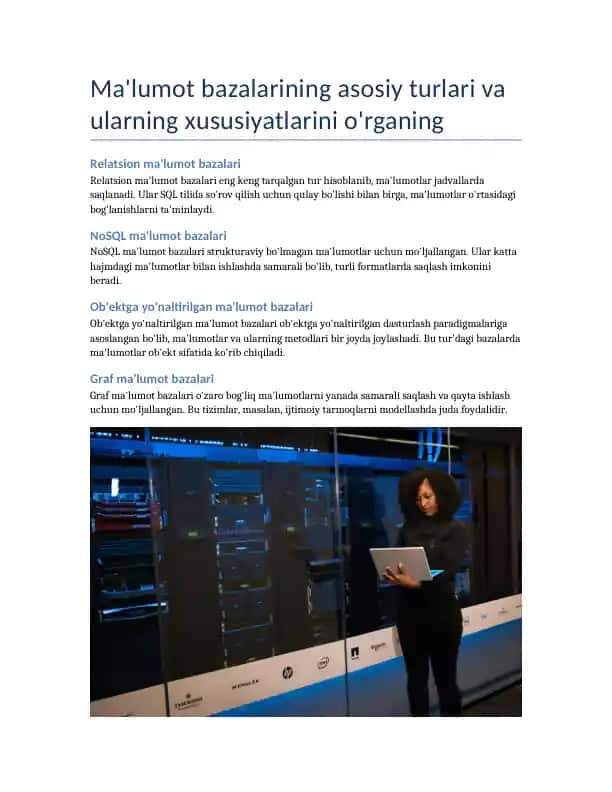 Ma'lumot bazalarining asosiy turlari va ularning xususiyatlarini o'rganing