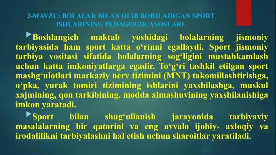 BOLALAR BILAN OLIB BORILADIGAN SPORT ISHLARINING PEDAGOGIK ASOSLARI