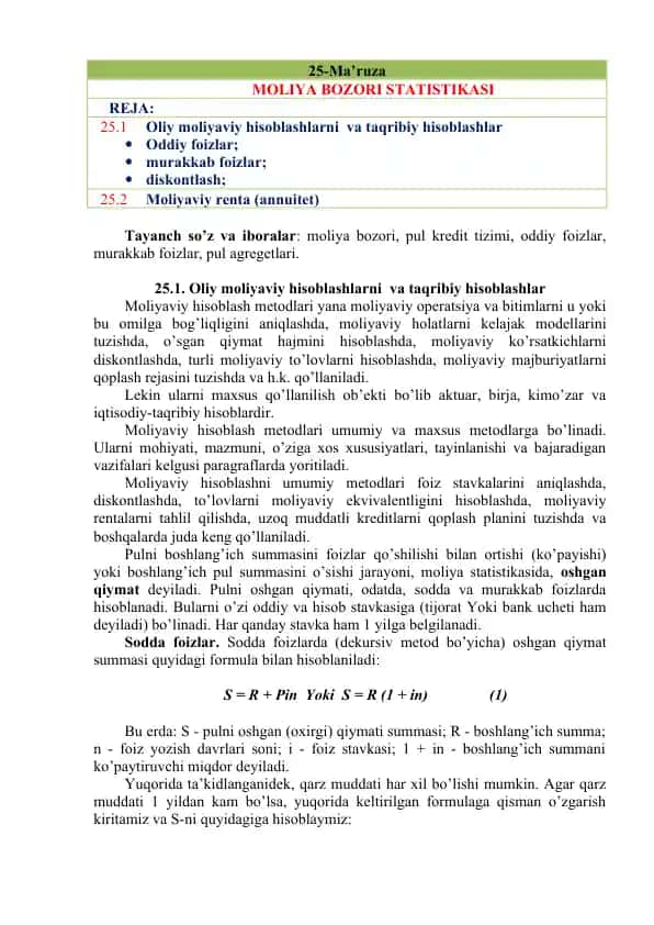 Moliya bozori statistikasi