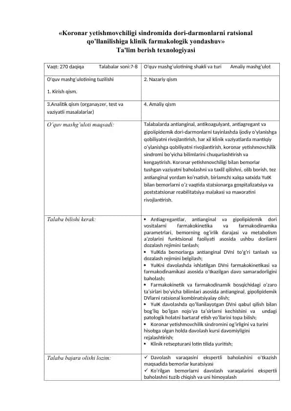 Koronar yetishmovchiligi sindromida dori-darmonlarni ratsional qo’llanilishiga klinik farmakologik yondashuv