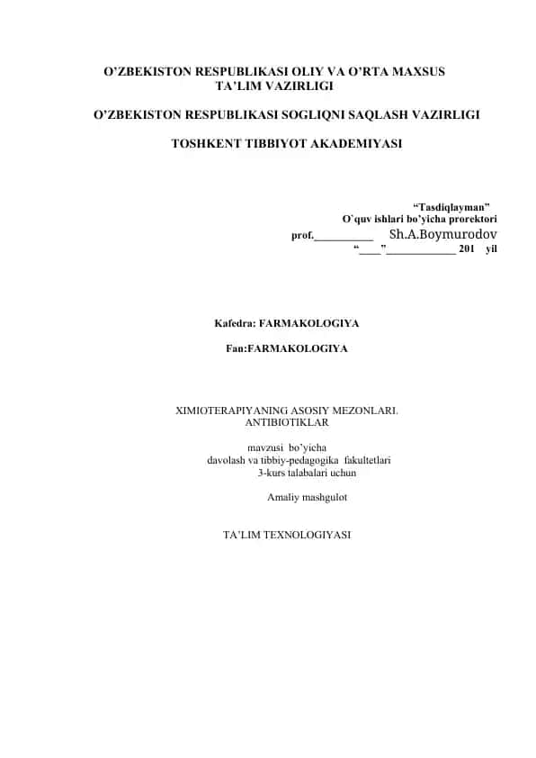 Ximioterapiyaning asosiy mezonlari. Antibiotiklar