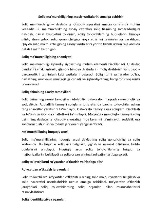 Soliq ma'murchiligining asosiy vazifalarini amalga oshirish
