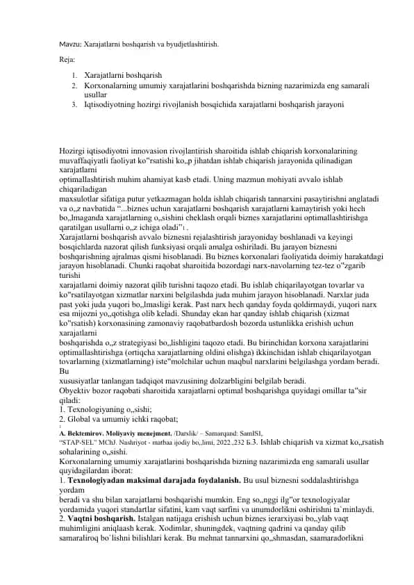 Xarajatlarni boshqarish va byudjetlashtirish