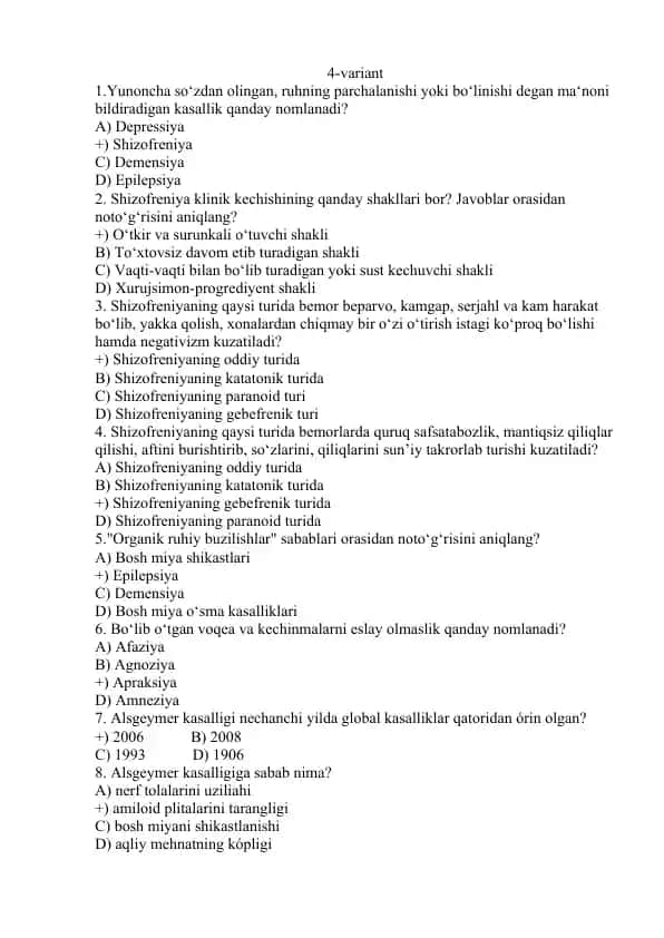 Shizofreniya haqida test savollar