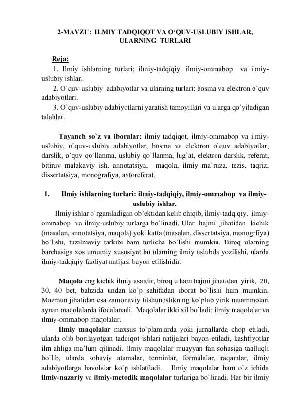 Ilmiy Tadqiqot va O‘quv-Uslubiy Ishlar