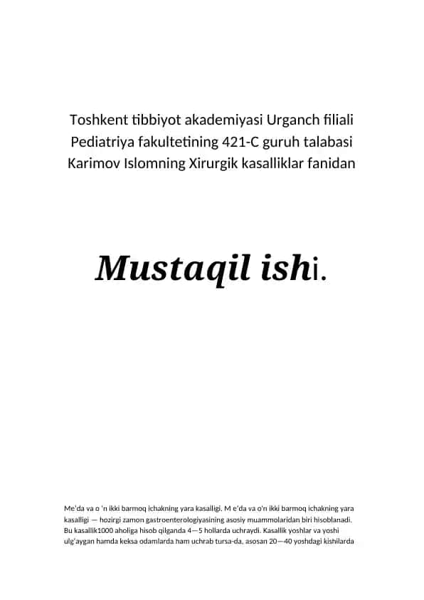 Me’da va o'n ikki barmoq ichakning yara kasalligi
