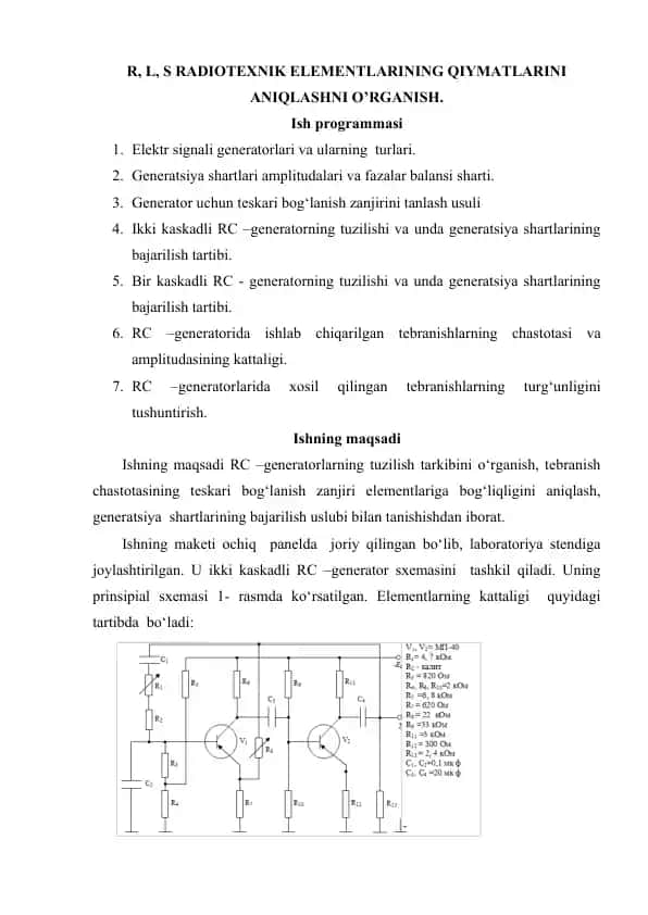 RC-generator tuzilishi va ishining bajarilishi