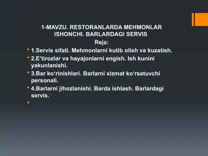 RESTORANLARDA MEHMONLAR ISHONCHI. BARLARDAGI SERVIS