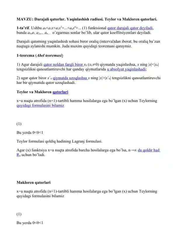 Darajali qatorlar. Yaqinlashish radiusi. Teylor va Makloren qatorlari