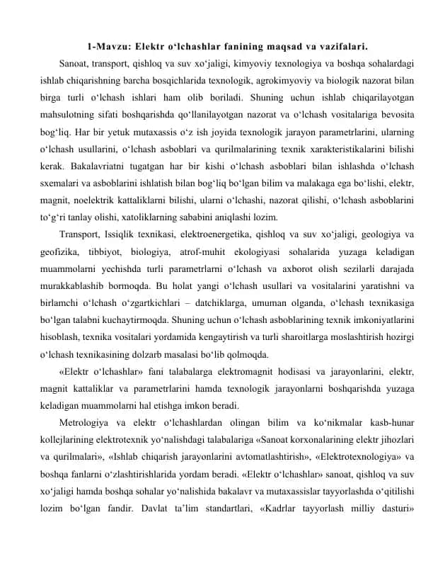 Elektr o‘lchashlar fanining maqsad va vazifalari