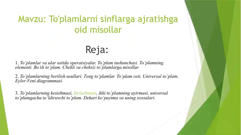 To'plamlarni sinflarga ajratishga oid misollar