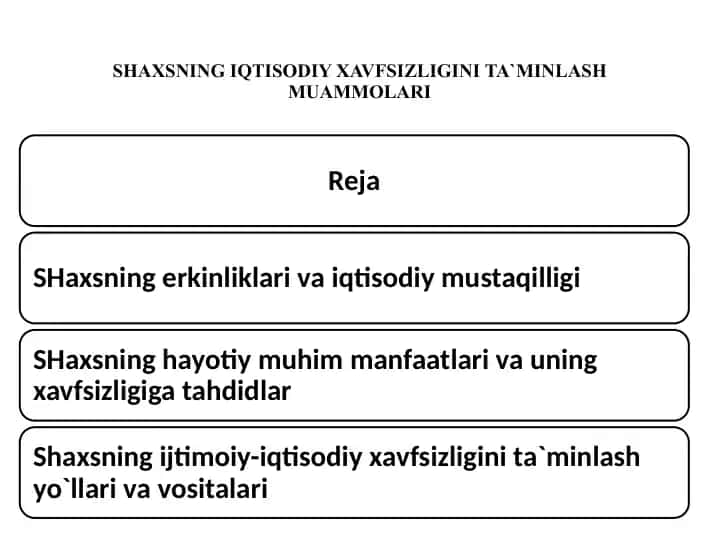 SHAXSNINGIQTISODIY XAVFSIZLIGINITA`MINLASH MUAMMOLARI