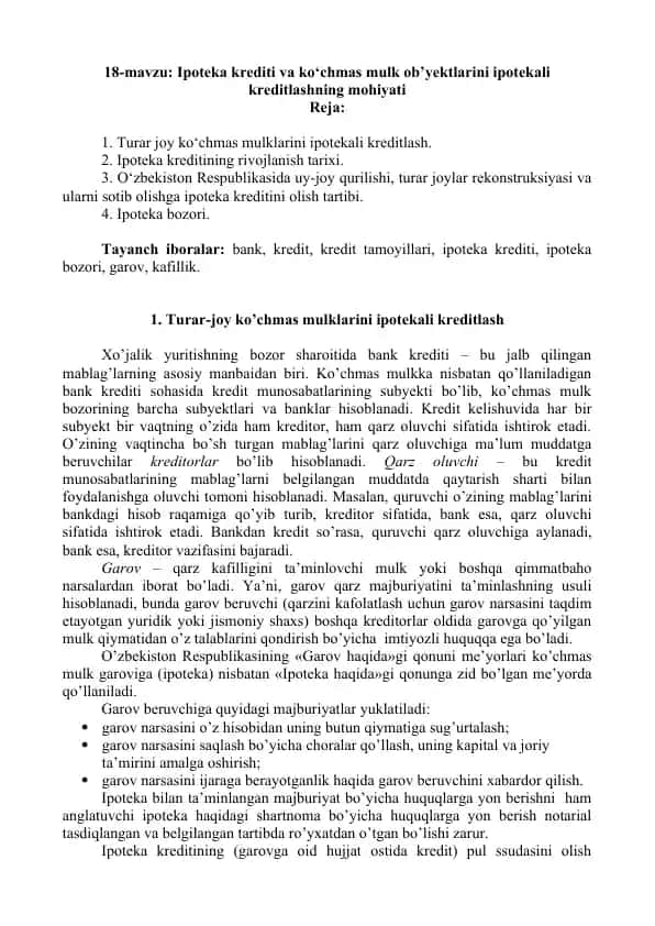 Turar-joy ko'chmas mulklarini ipotekali kreditlash