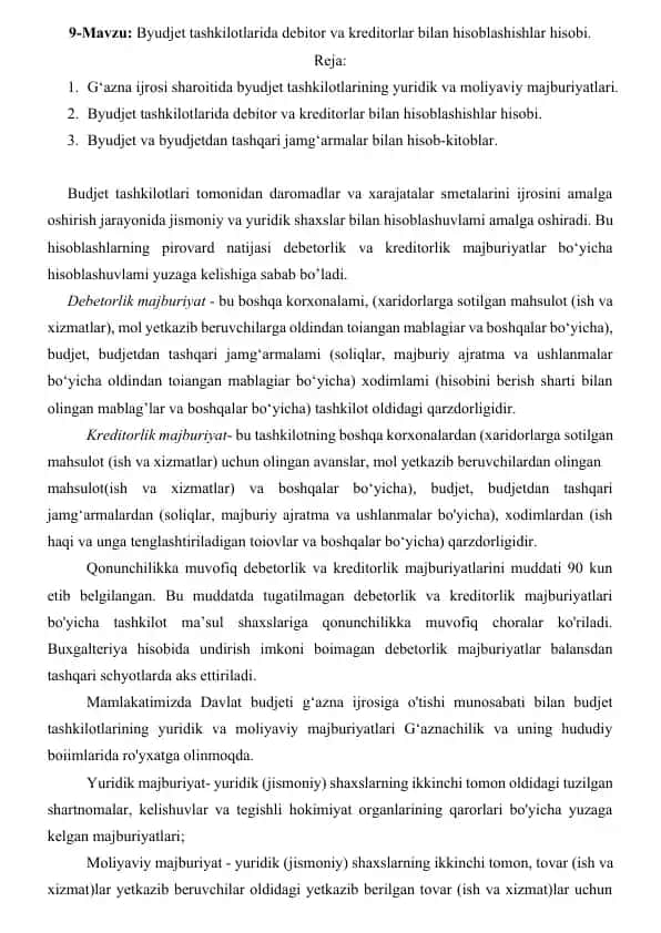 Byudjet tashkilotlarida debitor va kreditorlar bilan hisoblashishlar hisobi