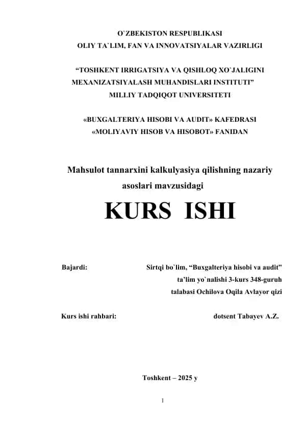 Mahsulot tannarxini kalkulyasiya qilishning nazariy asoslari