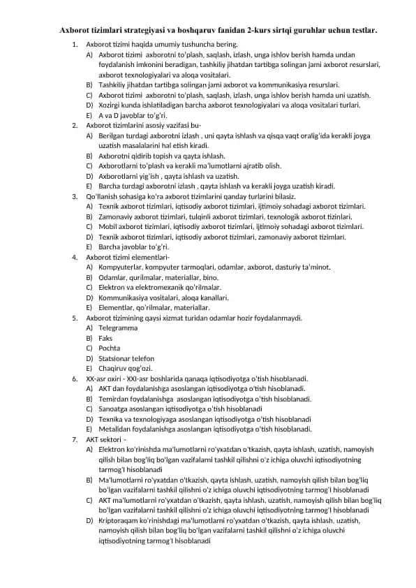 Axborot tizimlari strategiyasi va boshqaruv fanidan 2-kurs sirtqi guruhlar uchun testlar