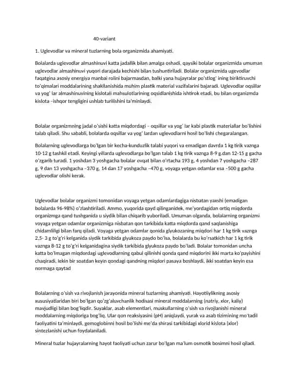 Uglevodlar va mineral tuzlarning bola organizmida ahamiyati