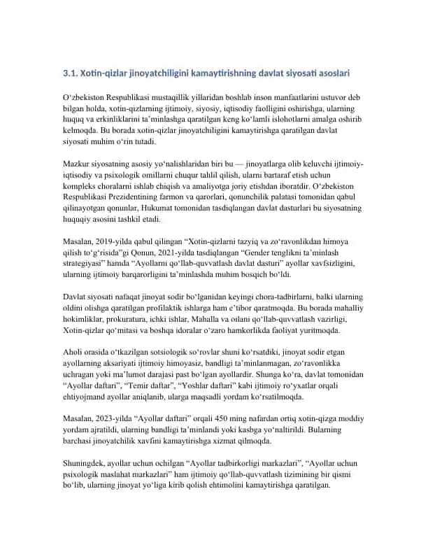 Xotin-qizlar jinoyatchiligini kamaytirishning davlat siyosati asoslari
