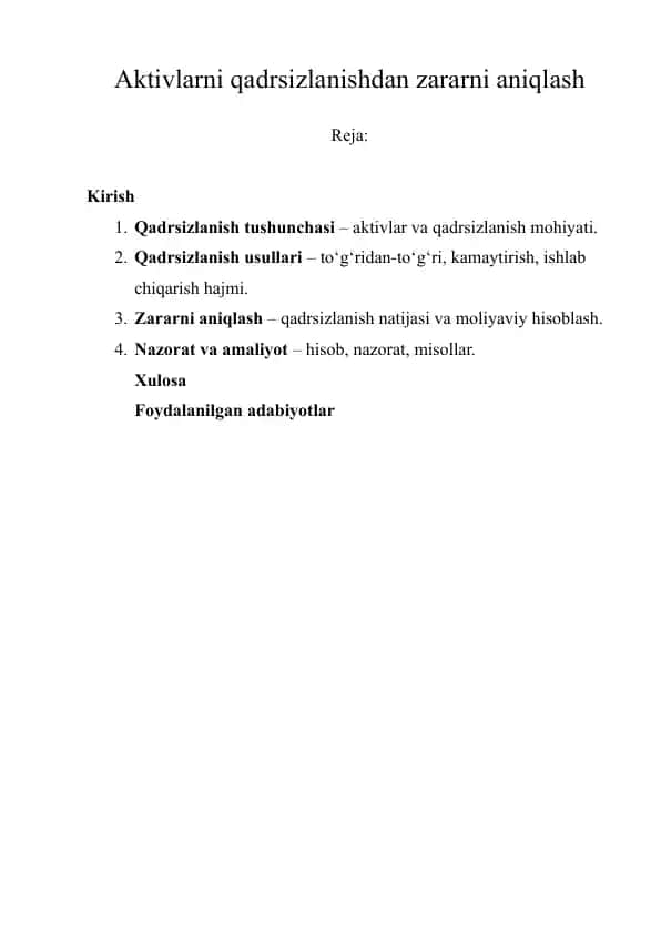 Aktivlarni qadrsizlanishdan zararni aniqlash