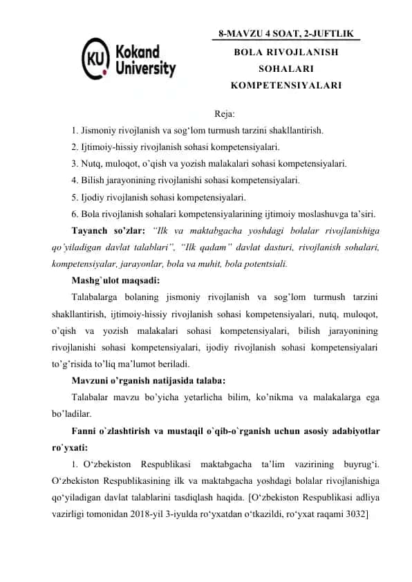 Bola rivojlanish sohalari kompetensiyalari