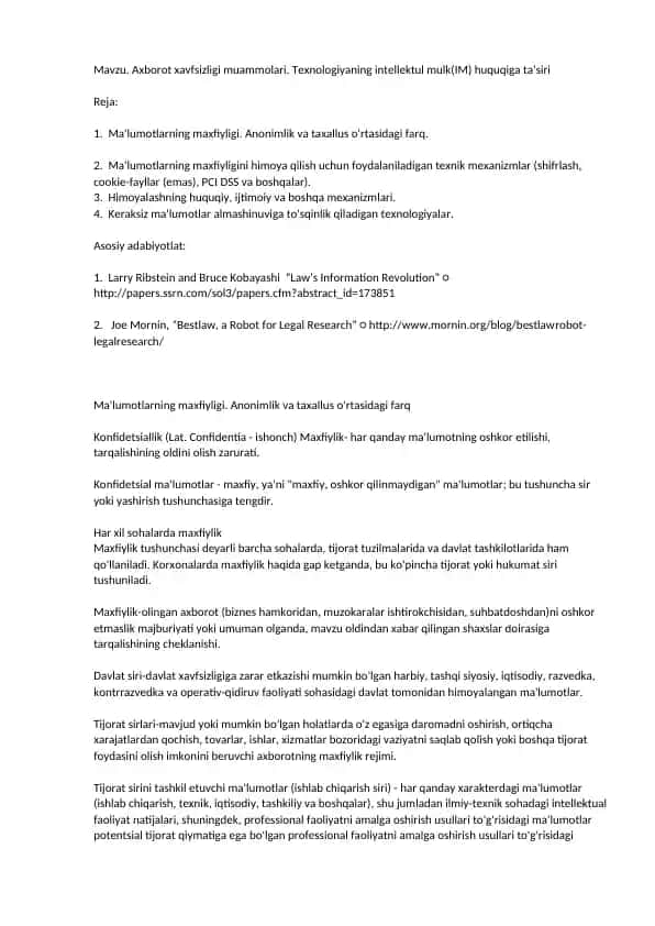Аxborot xavfsizligi muammolari. Texnologiyaning intellektul mulk(IM) huquqiga taʼsiri