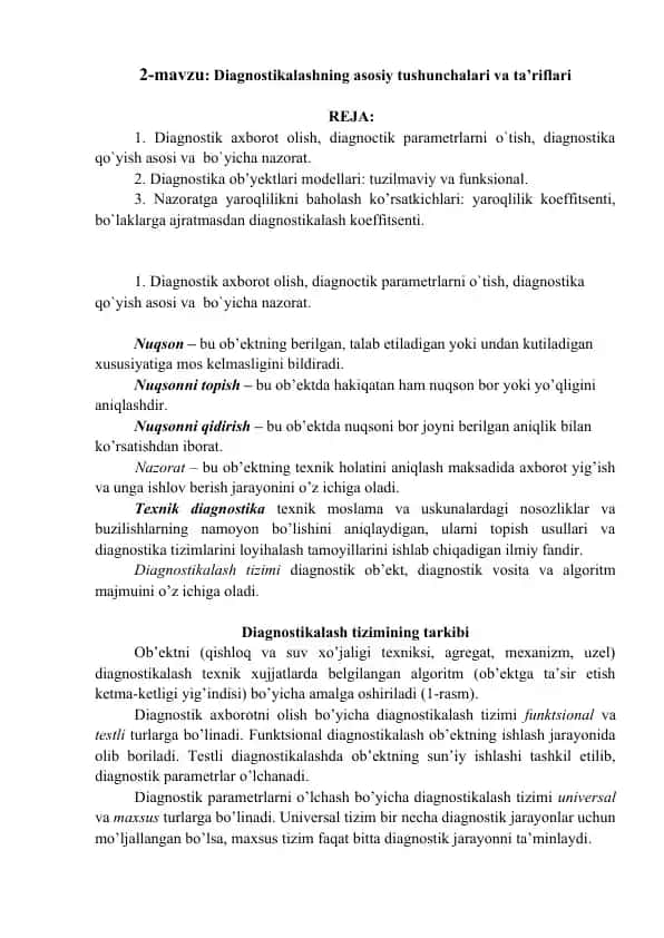 Diagnostikalashning asosiy tushunchalari va ta’riflari