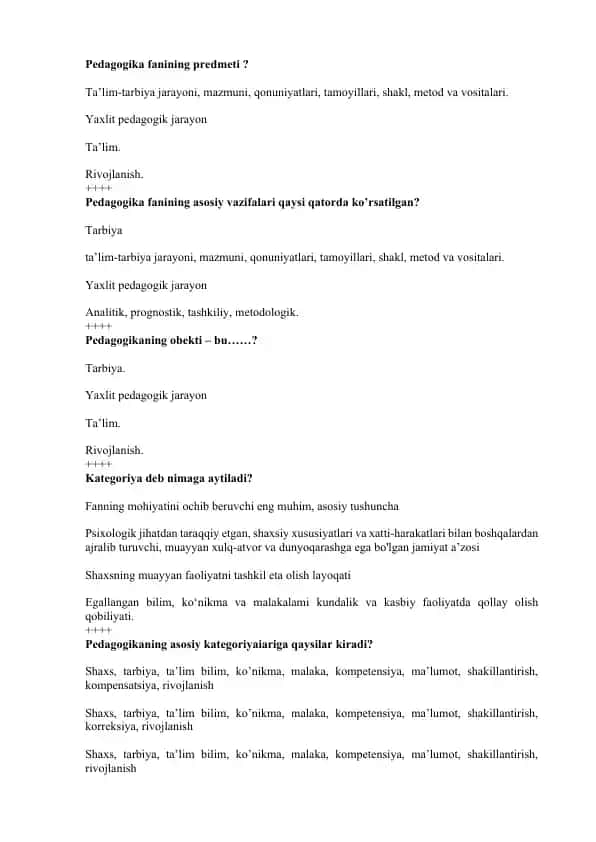 Pedagogika faniga oid test savollari to‘plami