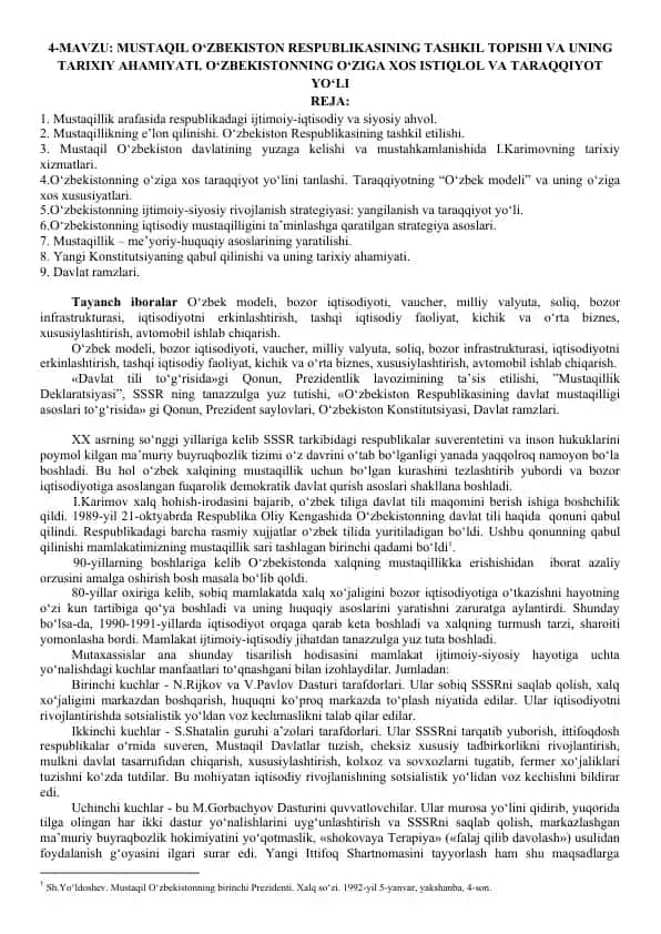 O‘zbekiston Respublikasining Mustaqil Tashkil topishi va Tarixiy Ahmiyati
