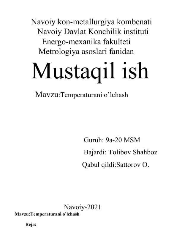 Temperaturani o‘lchash mavzusidagi mustaqil ish