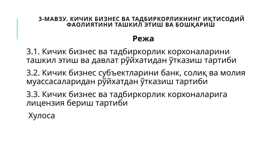Kichik biznes va tadbirdorlikni iqtisodiy faoliyatini tashkil etish va boshqarish qo‘llanma