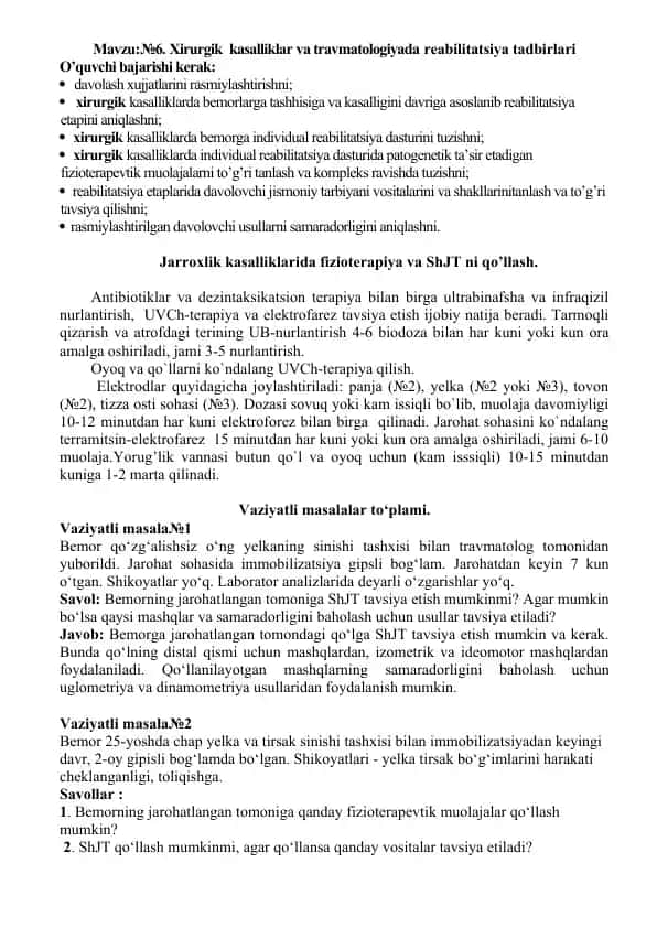 Xirurgik kasalliklar va travmatologiyada reabilitatsiya tadbirdori