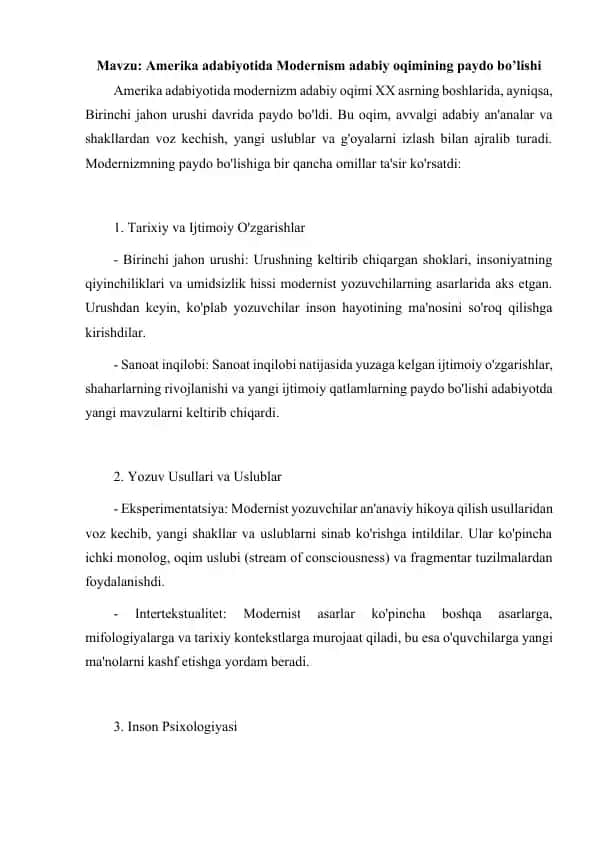 Amerika adabiyotida Modernism adabiy oqimining paydo bo’lishi